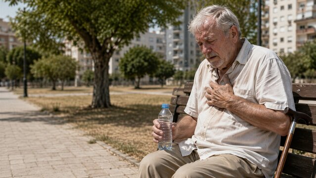 Senior man experiences sudden chest pain and discomfort while resting on a wooden bench in an urban public park.