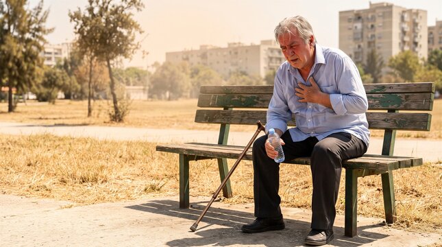 Senior man experiences sudden chest pain and medical distress while sitting alone on a wooden bench in a sunny park.