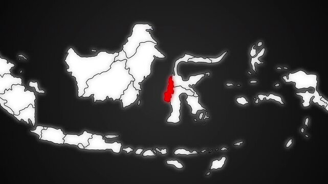 West Sulawesi Province Highlighted in Red on Indonesia Map Dark Background Animation