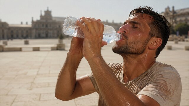 Sweaty man drinks water from a plastic bottle to stay hydrated during a hot summer day in an outdoor city plaza.