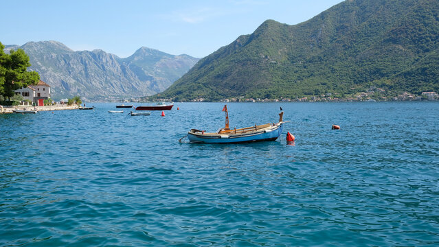 Small White Boat in the Bay of Kotor, Perast, Montenegro