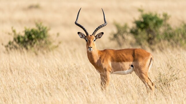 A male impala standing in the dry golden grass of the African savanna.