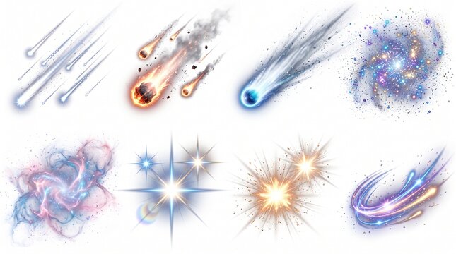 Cosmic celestial elements set, glowing meteor and comet illustrations, sparkling galaxy and star burst icons on white background, 8 space effect assets