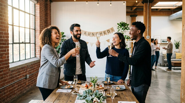 Diverse group toasting champagne at work celebration launch party