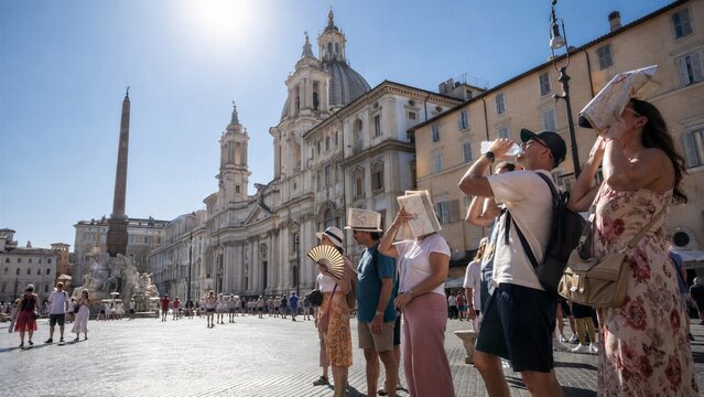 Tourists use paper maps to shield their faces from the intense summer sun in Piazza Navona, Rome.