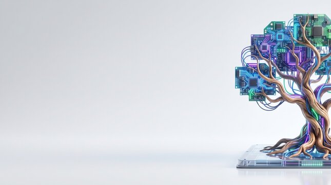 Conceptual fusion of digital technology and nature featuring a futuristic bio tree with glowing circuit lines and microchips as a symbol of green innovation