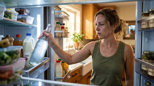 Woman reaches for a bottle of water inside an open refrigerator in a bright kitchen.