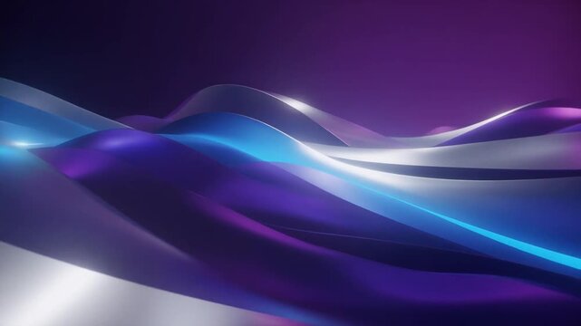 Minimalist abstract background moving in loop with flowing layers in midnight purple, deep indigo, cool blue, and silver gradient colors.