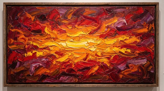 Painting showing abstract impasto texture evokes fiery sunset.