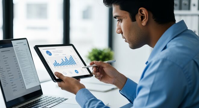 Professional Businessman Analyzing Statistical Financial Charts on Digital Tablet at Office Table