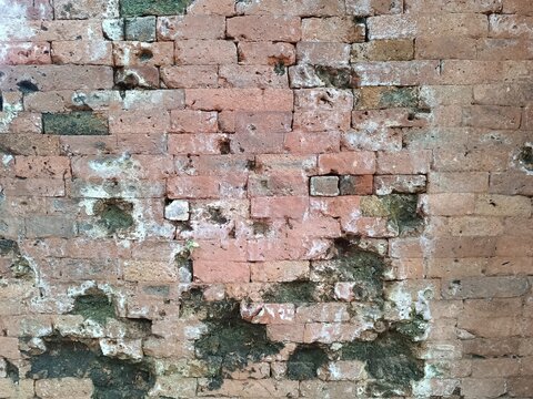 Close-up of an ancient weathered red brick wall featuring damaged eroded bricks, cracked mortar, and patches of green moss, creating a rustic vintage background texture.