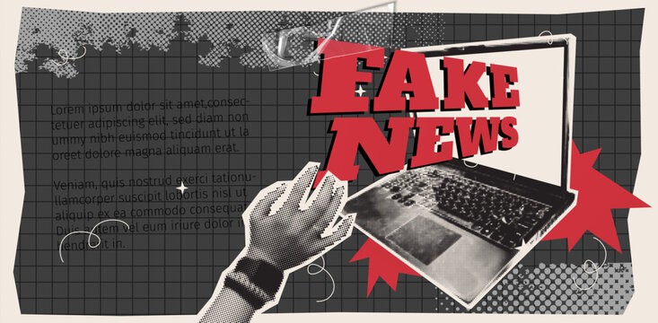 Retro pop art collage for fake news awareness poster. Vector realistic illustration of halftone hand and laptop computer on grungy grid background with space for text, vintage media, newspaper imagery