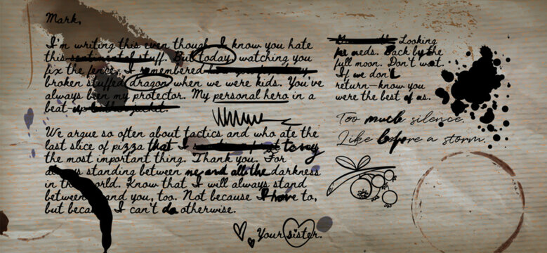 Vintage letter background with handwritten text, ink stains. Vector realistic illustration of old paper texture with message, retro style document, grungy old parchment backdrop with crumpled surface