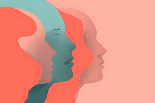 Abstract layered human faces symbolizing diversity, inclusion, identity, equality, empathy, mental health, communication, multicultural unity and human connection with copy space