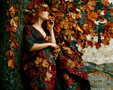 Autumn Goddess with Grapes &ndash; Art Nouveau Mosaic &ndash; AI Generative