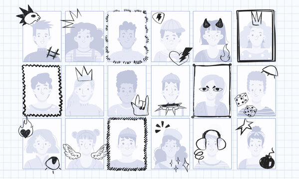 School yearbook mockup with cute hand drawn doodle icons. Vector illustration of funny photo album template for graduates, playful joke sketch borders for university or school graduation portraits