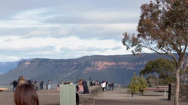 Tourists at Echo Point Lookout Overlooking Blue Mountains National Park