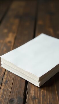Neat stack of blank brochure paper on rustic wood , natural, stack