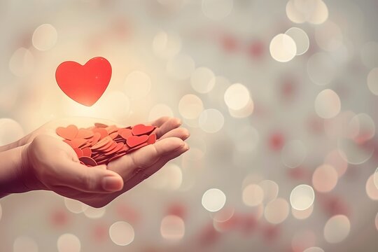 Hand holding glowing red heart confetti with floating heart, symbolizing love, kindness, charity, compassion, emotional support, hope, giving and human connection