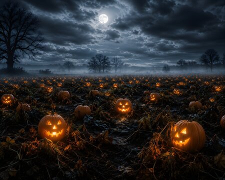 Haunted pumpkin patch under moonlight