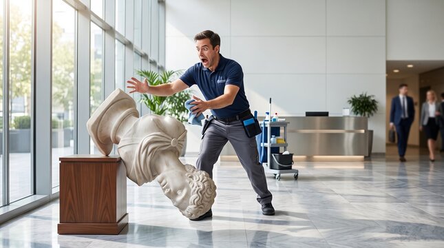 Male janitor knocking over marble bust in office lobby