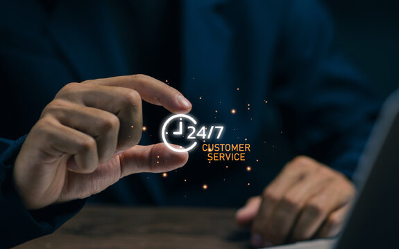 Twenty four seven customer service concept with digital support icon representing nonstop assistance, online communication, help desk, business support and customer satisfaction.