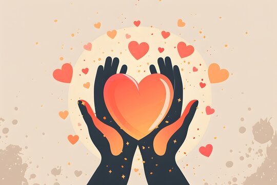 Hands holding a glowing heart with floating love icons, symbolizing compassion, kindness, charity, healthcare, emotional support, hope, wellness and community care