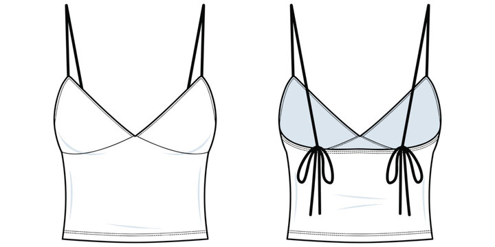 Stylish camisole top fashion design front and back view with spaghetti straps, V neckline, tied bow detail, flat vector illustration