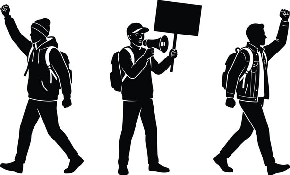 Protesters and activists marching with megaphone blank sign and raised fists vector silhouette set isolated