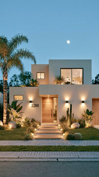 Modern luxury minimalist house exterior with warm lighting at dusk featuring desert landscaping