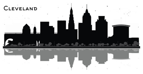 Obraz premium Cleveland Ohio City Skyline Silhouette with Black Buildings Isolated on White. Illustration. Cleveland USA Cityscape with Landmarks. Business Travel and Tourism Concept with Modern Architecture.