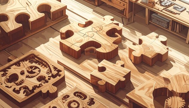 Wooden jigsaw puzzle pieces on rustic workshop table.