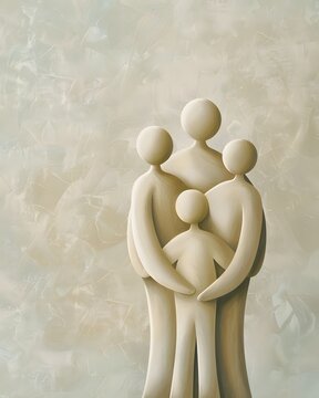 Minimalist 3D family illustration with parents and children in warm neutral tones, symbolizing love, parenting, protection, unity, family care, trust and togetherness