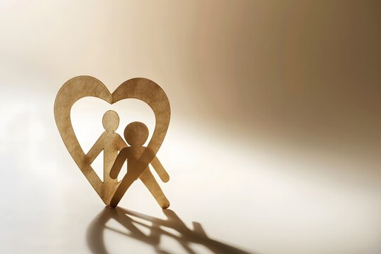 Minimal wooden couple inside heart symbol with warm sunlight and copy space, representing love, family, relationship, marriage, unity, romance, care and emotional connection.