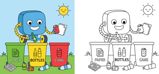 Fototapeta premium Cute cartoon robot sorting trash and recycling waste with paper, bottles, and cans bins, includes colored vector and black and white coloring page worksheet for kids education