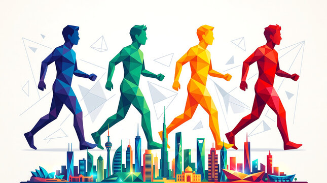 Four colorful runners in motion illustrate progress and growth over a bar chart background.