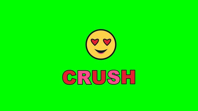 4K green screen CRUSH animated text - a smiley with heart eyes, kinetic typography love and romance overlay for valentines couples and social media, chroma key