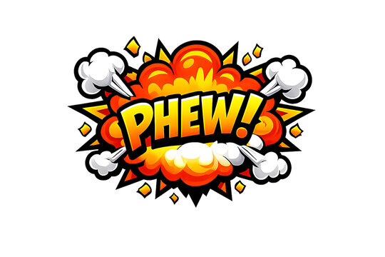 A vibrant comic book style speech bubble features the word phew with explosive graphics.