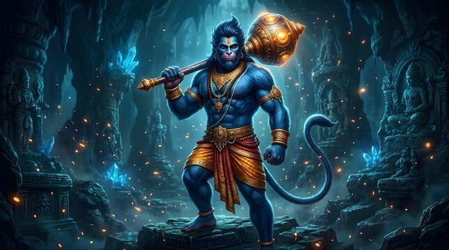 Mythical warrior with mace in mystical cave environment