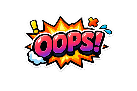 A vibrant comic book style sticker features the word oops in bold colorful typography.