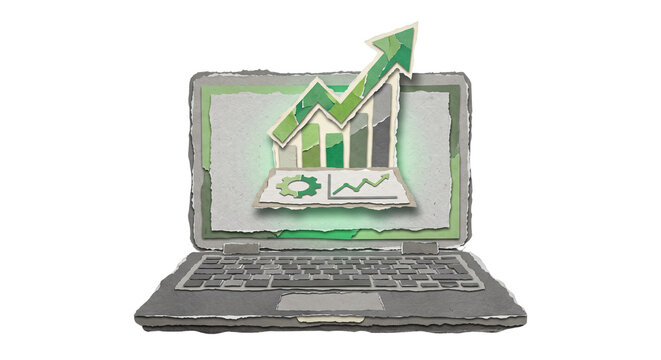 Laptop with Business Growth Icon Pop Up Ripped Paper Craft Illustration Transparent Image. Torn Paper Collage Concept Design