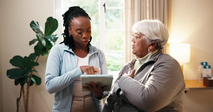 Old woman, shoulder pain and physiotherapist with tablet in house, discussion or healthcare service. Physical therapy, health and checking test results with tech, homecare and help for senior person