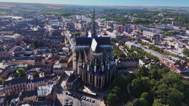 Amiens Cathedral is a 13th-century High Gothic UNESCO World Heritage site in France, renowned for its massive interior volume, soaring spire, and intricate flying buttresses dominating the city.