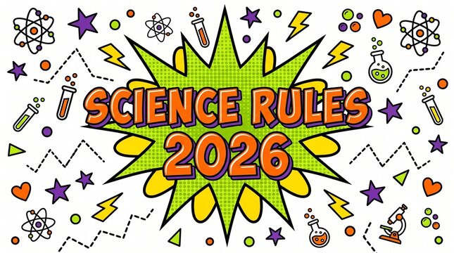 Science rules 2026 comic speech bubble with laboratory equipment doodle illustrations vector background