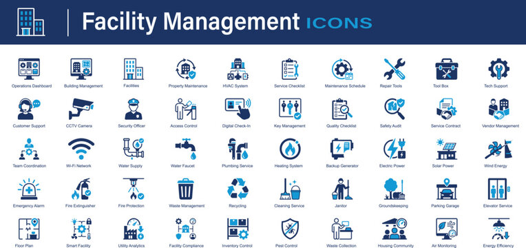 Facility management solid icon set. Commercial building operations dashboard, HVAC system property maintenance, security access control, repair tools kits. Fully editable. Vector illustration