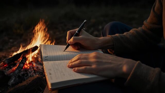Night Campfire Writing Scene With Hands Journaling By Firelight.