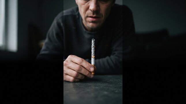 In a dark, quiet room, a man gazes thoughtfully at a burning cigarette, the ashes accumulating at the tip. The atmosphere is heavy and introspective.