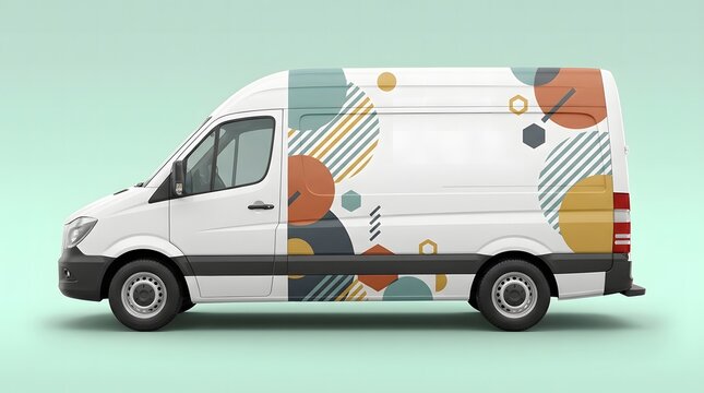 Clean white cargo van mockup with abstract geometric graphic pattern for commercial delivery transport branding design presentation