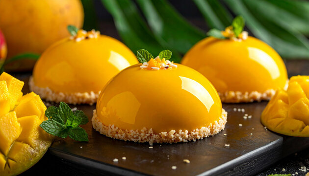 Coconut mango dome cake with tropical mirror glaze macro
