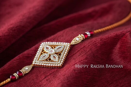 Elegant Happy Raksha Bandhan greeting with luxurious jeweled thread design.
